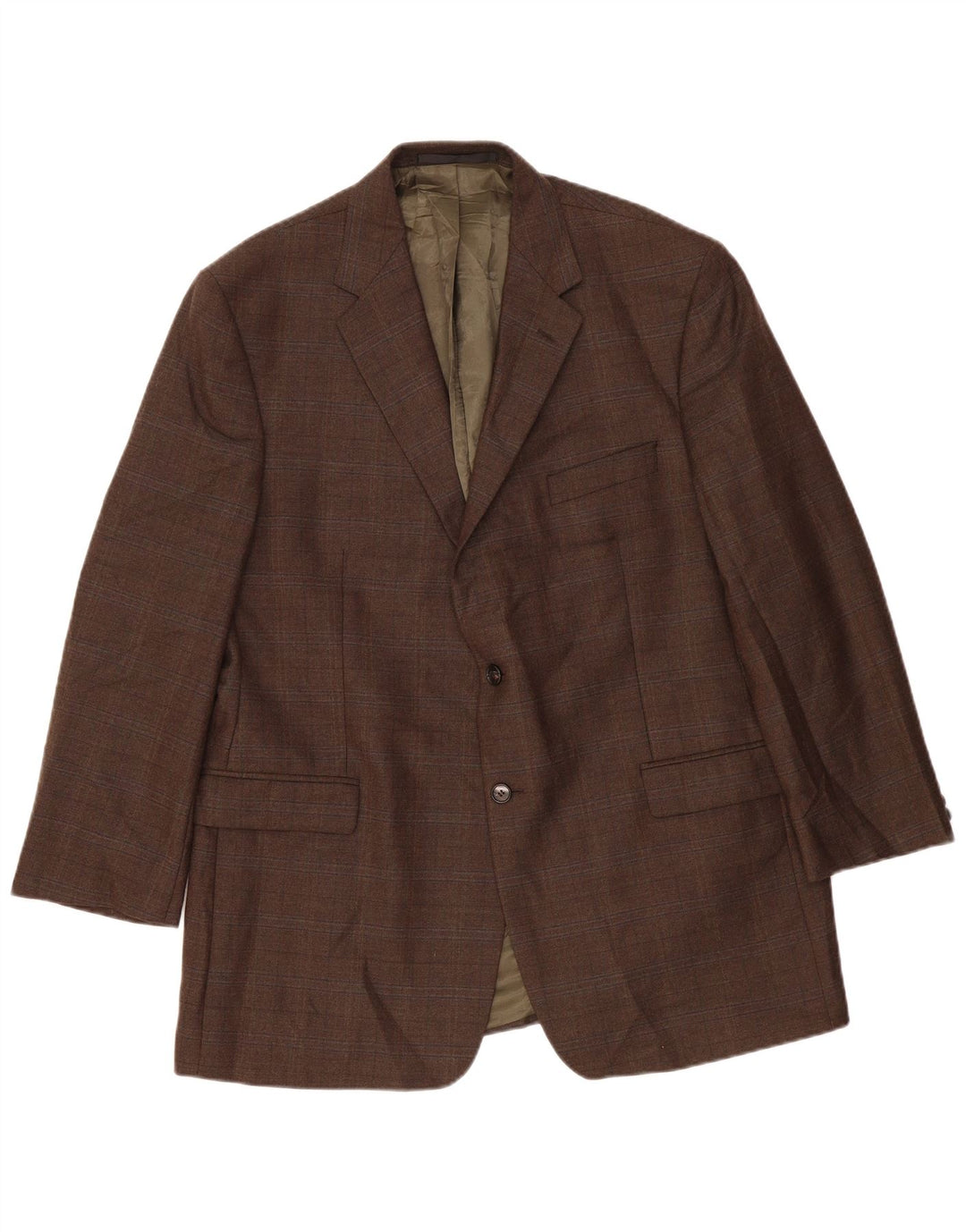 Marks & Spencer Mens Long 2 Button Blazer Jacket UK 46 XL Khaki Check Wool