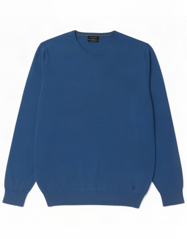 Massimo Dutti Mens Crew Neck Jumper Sweater Large Blue Colourblock Cotton