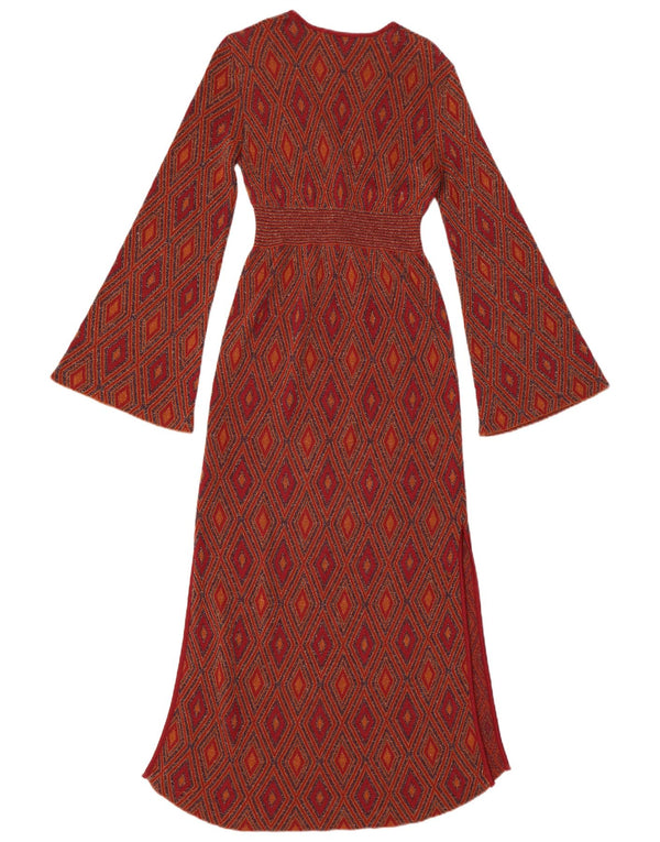Zara Womens Long Sleeve Maxi Dress UK 8 Small Red Argyle/Diamond Viscose