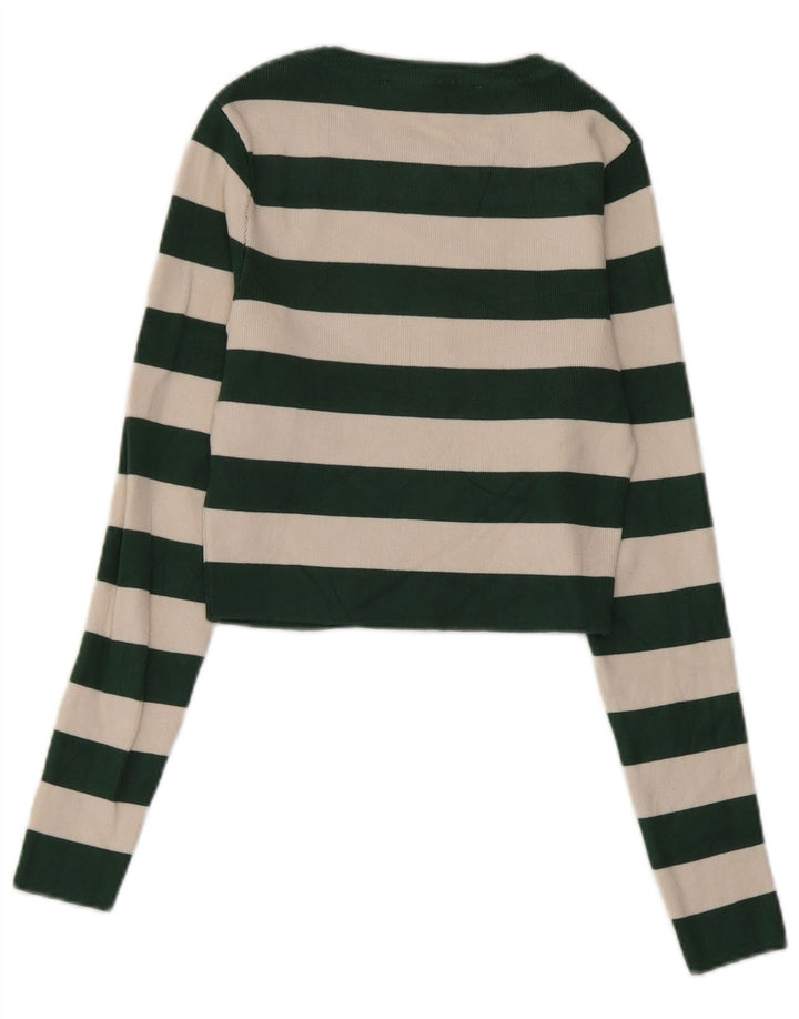 Zara Womens Crop Top Long Sleeve UK 12 Medium Green Striped Viscose