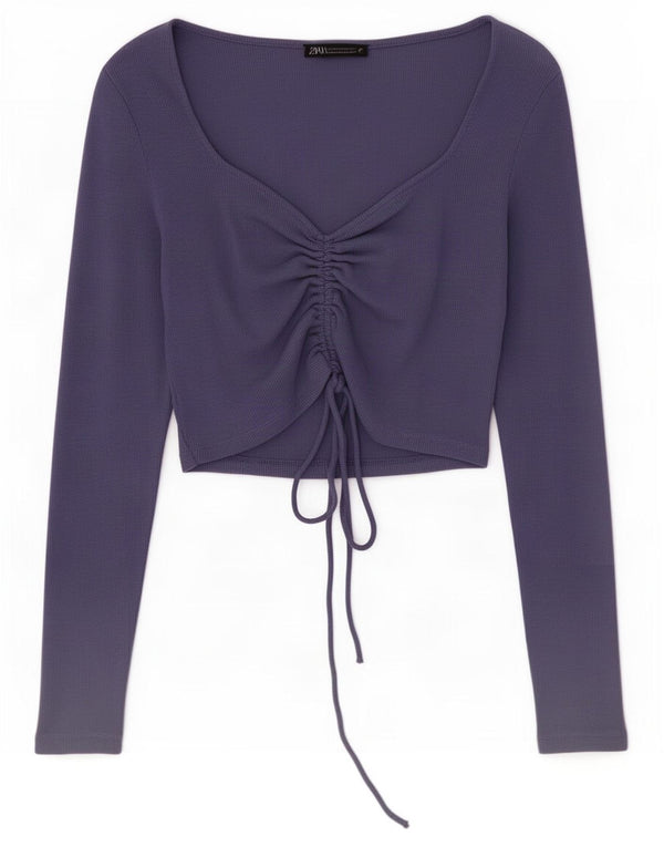 Zara Womens Crop Top Long Sleeve UK 12 Medium Purple Cotton