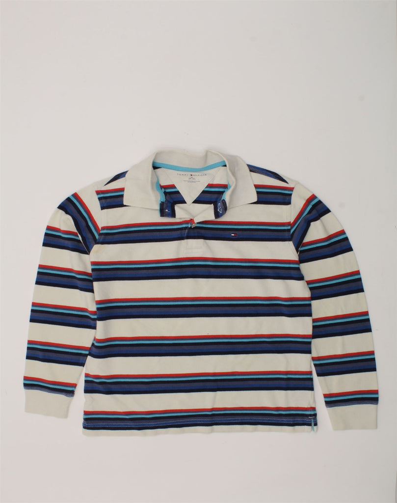 TOMMY HILFIGER Boys Long Sleeve Polo Shirt 8-9 Years Medium Blue Striped | Vintage Tommy Hilfiger | Thrift | Second-Hand Tommy Hilfiger | Used Clothing | Messina Hembry 