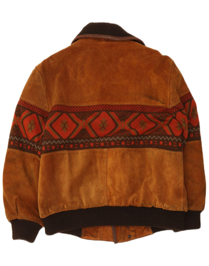 Vintage Mens Suede Bomber Jacket UK 40 Large Beige Geometric Viscose