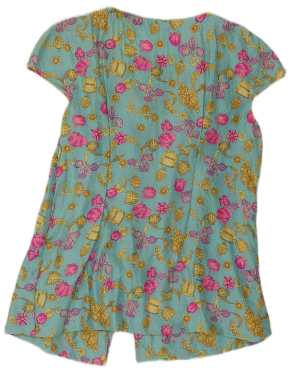 Vintage Womens Short Sleeve Shirt Blouse UK 10 Small Turquoise Floral