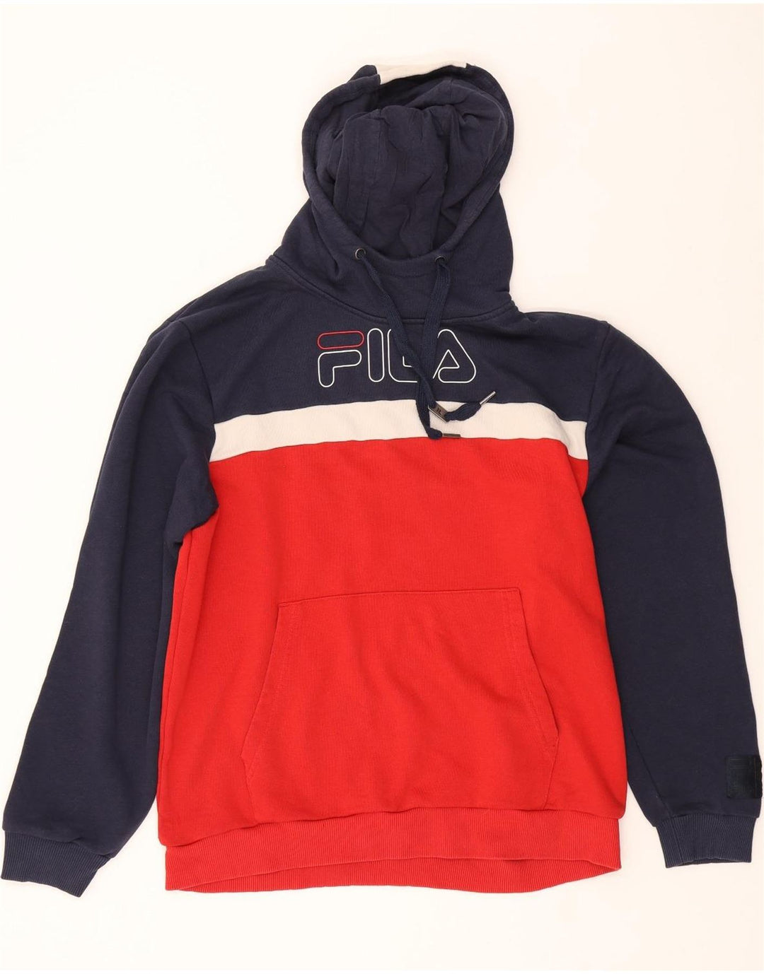 FILA Mens Graphic Hoodie Jumper Large Navy Blue Colourblock Cotton Vintage Fila and Second-Hand Fila from Messina Hembry 