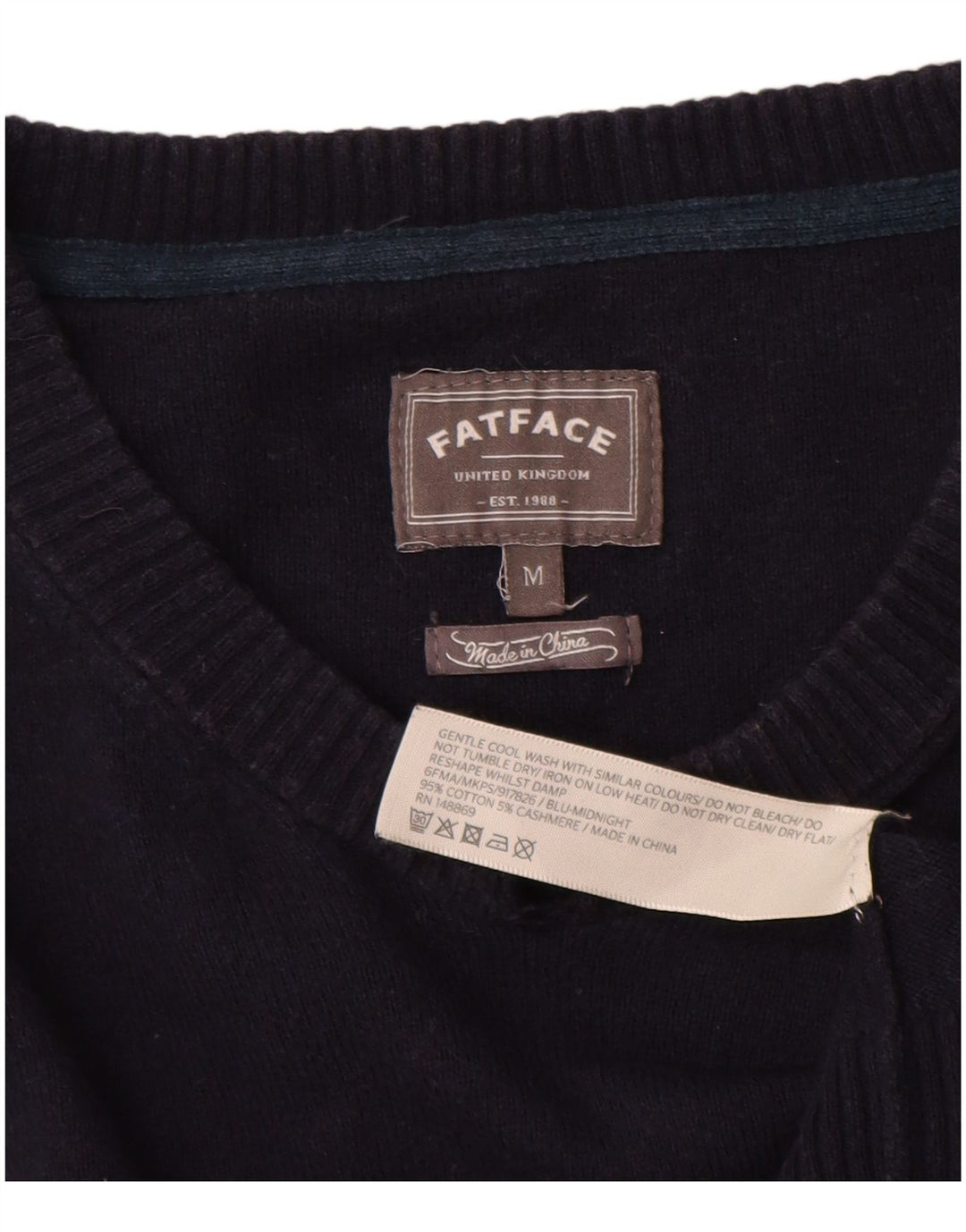 Fat Face Mens V-Neck Jumper Sweater Medium Navy Blue Cotton