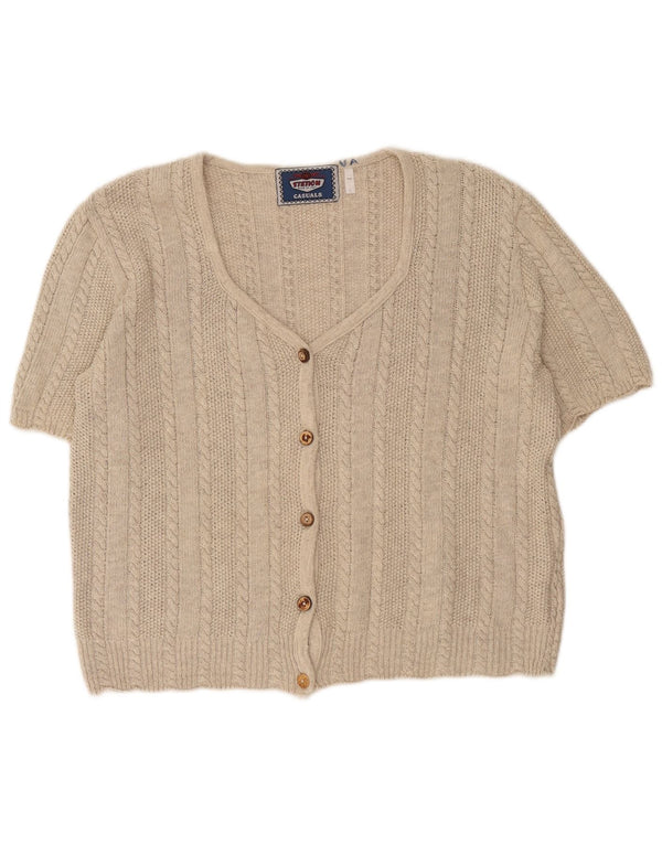 Vintage Womens Loose Fit Short Sleeve Cardigan Sweater UK 14 Large Beige