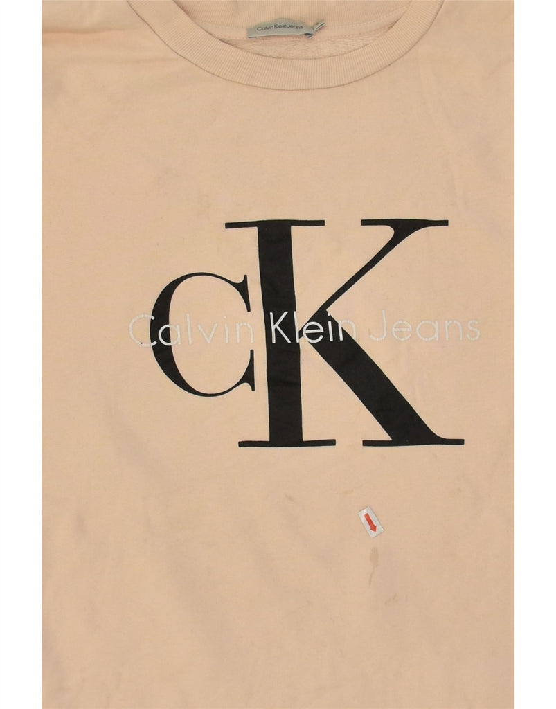 CALVIN KLEIN Womens Oversized Graphic Sweatshirt Jumper UK 10 Small Beige | Vintage Calvin Klein | Thrift | Second-Hand Calvin Klein | Used Clothing | Messina Hembry 