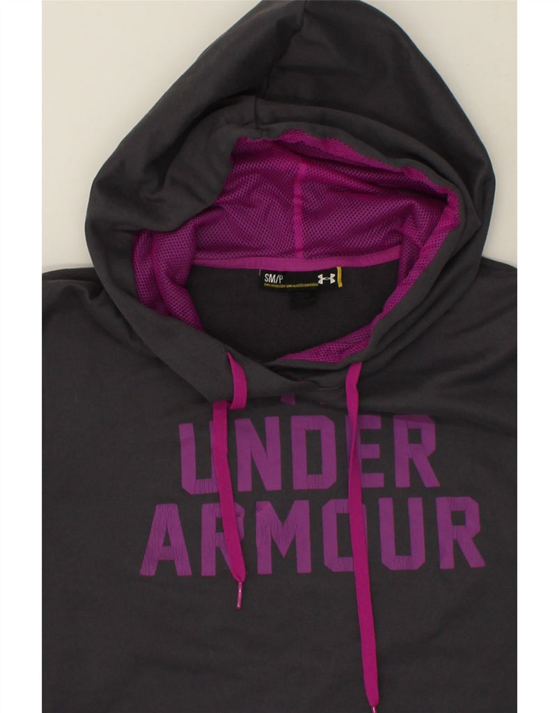 UNDER ARMOUR Womens Graphic Hoodie Jumper UK 10 Small Grey Polyester | Vintage Under Armour | Thrift | Second-Hand Under Armour | Used Clothing | Messina Hembry 