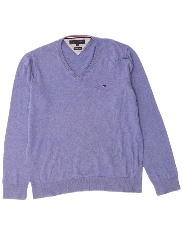 Tommy Hilfiger Womens V-Neck Jumper Sweater UK 18 XL Purple Flecked Cotton
