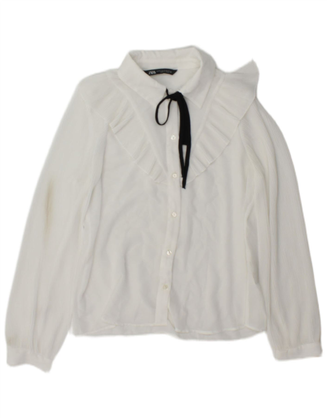 Zara Womens Ruffle Front Oversized Shirt Blouse UK 6 XS White Polyester