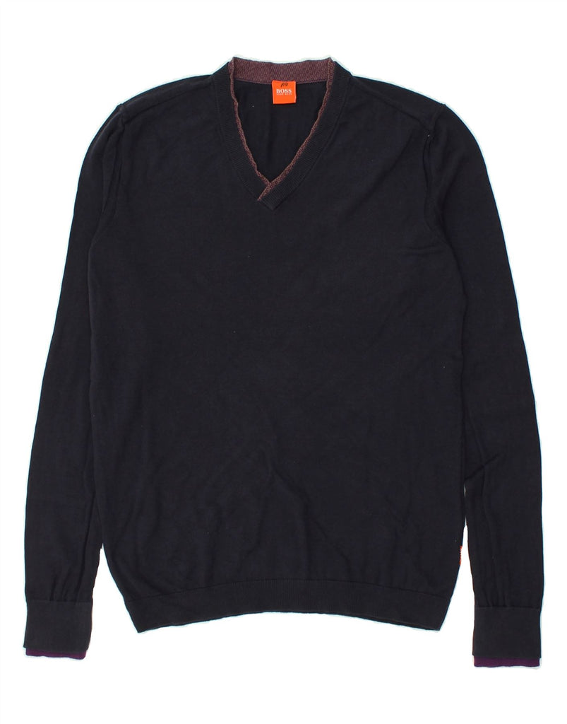 HUGO BOSS Mens V-Neck Jumper Sweater Medium Navy Blue Cotton | Vintage Hugo Boss | Thrift | Second-Hand Hugo Boss | Used Clothing | Messina Hembry 