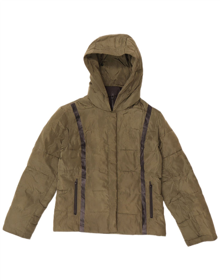 Jack Wills Womens Hooded Padded Jacket UK 10 Small Khaki Striped Polyester