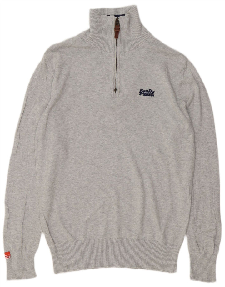 Superdry Mens Zip Neck Jumper Sweater Large Grey Flecked Cotton