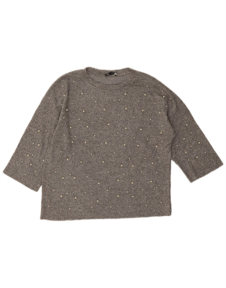 Zara Womens Oversized Top 3/4 Sleeve UK 10 Small Grey Flecked