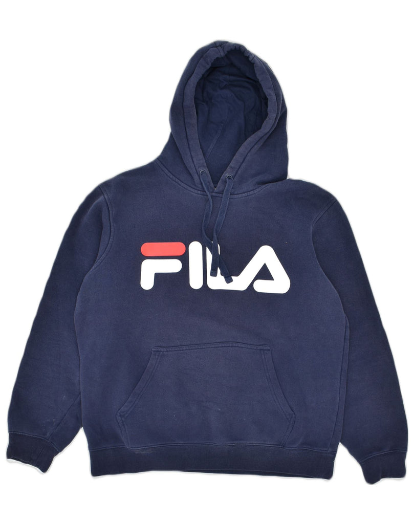 FILA Mens Loose Fit Graphic Hoodie Jumper Small Navy Blue Cotton | Vintage | Thrift | Second-Hand | Used Clothing | Messina Hembry 