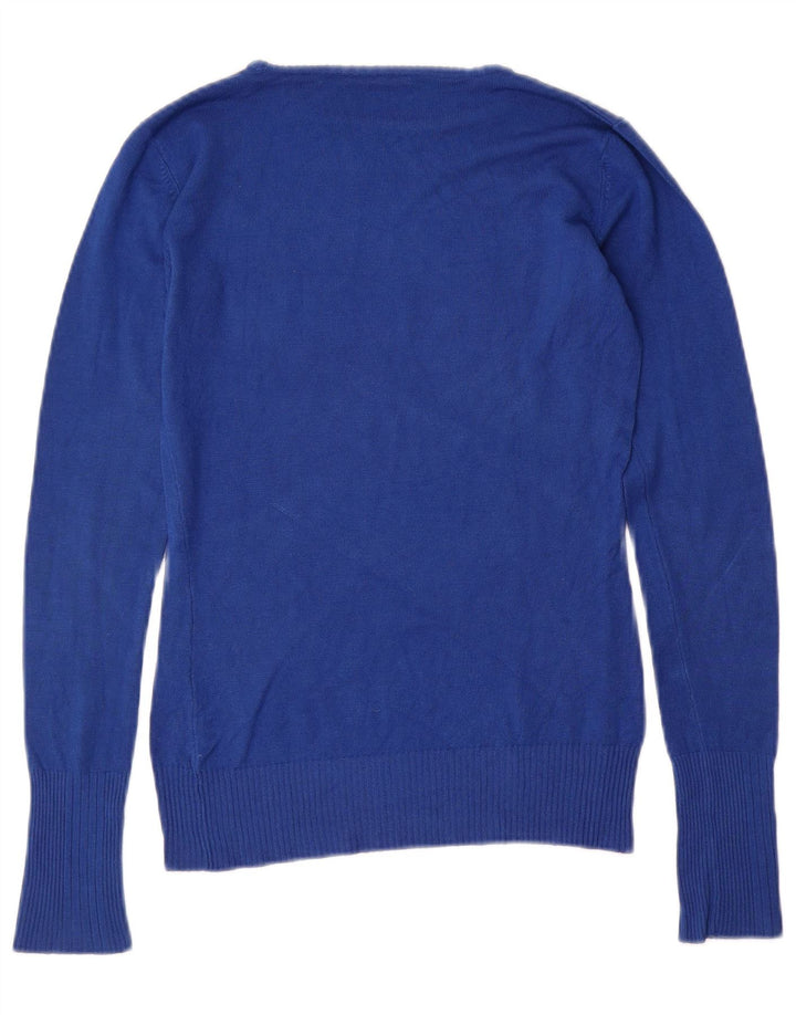 GUESS Womens Graphic Boat Neck Jumper Sweater UK 12 Medium Blue Viscose