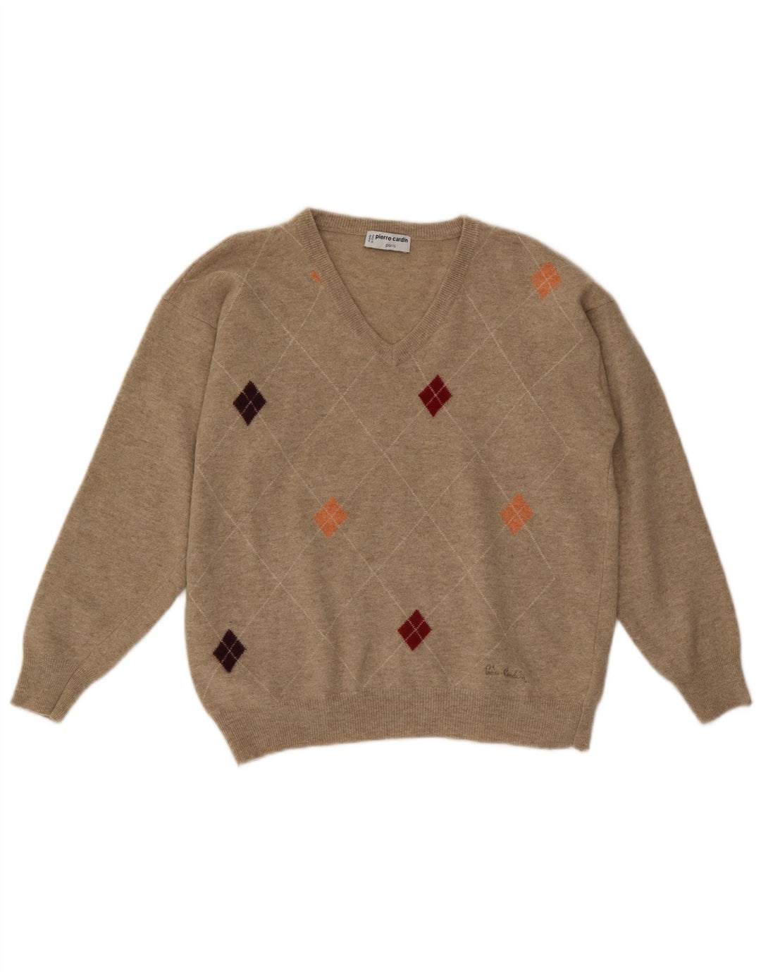 Pierre Cardin Mens V-Neck Jumper Sweater IT 52 Large Beige Argyle/Diamond