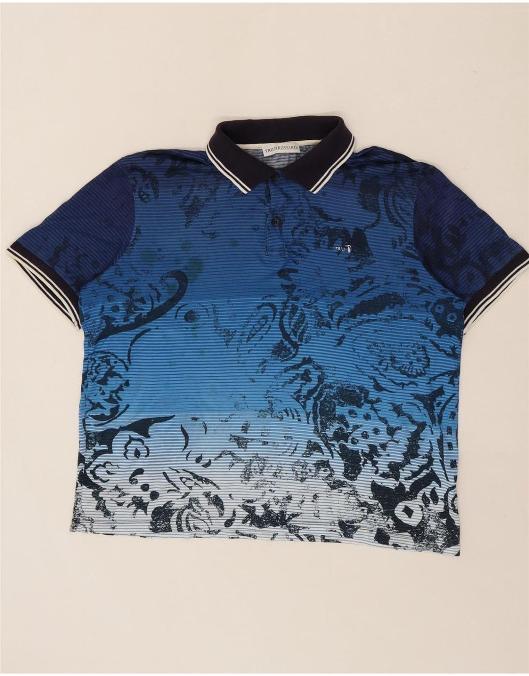 TRUSSARDI Mens Abstract Pattern Polo Shirt Large Blue Cotton Vintage Trussardi and Second-Hand Trussardi from Messina Hembry 