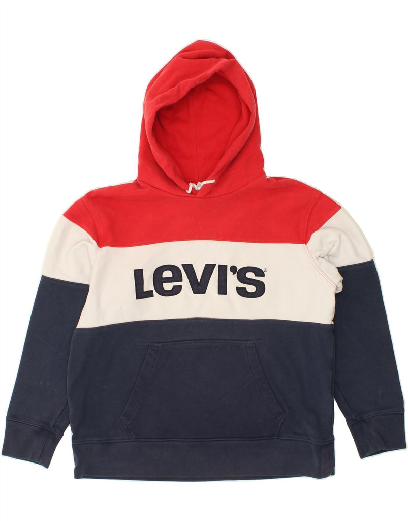 LEVI'S Womens Graphic Hoodie Jumper UK 16 Large Navy Blue Colourblock Vintage Levi's and Second-Hand Levi's from Messina Hembry 