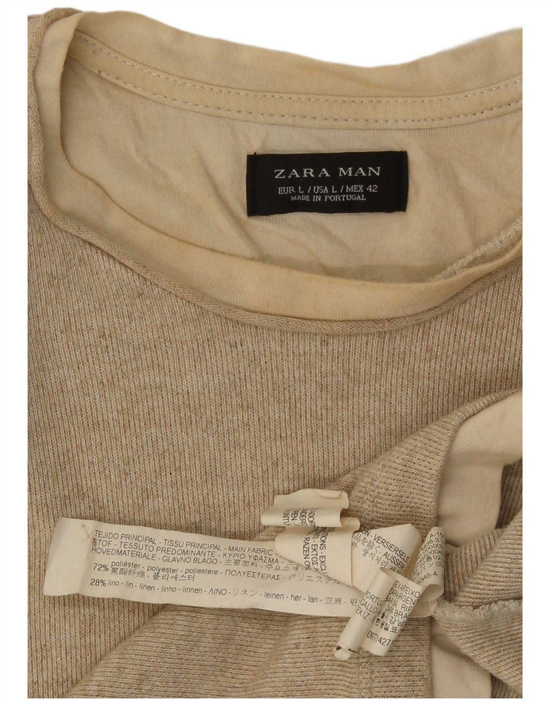 Zara Mens Top Long Sleeve Large Beige Polyester