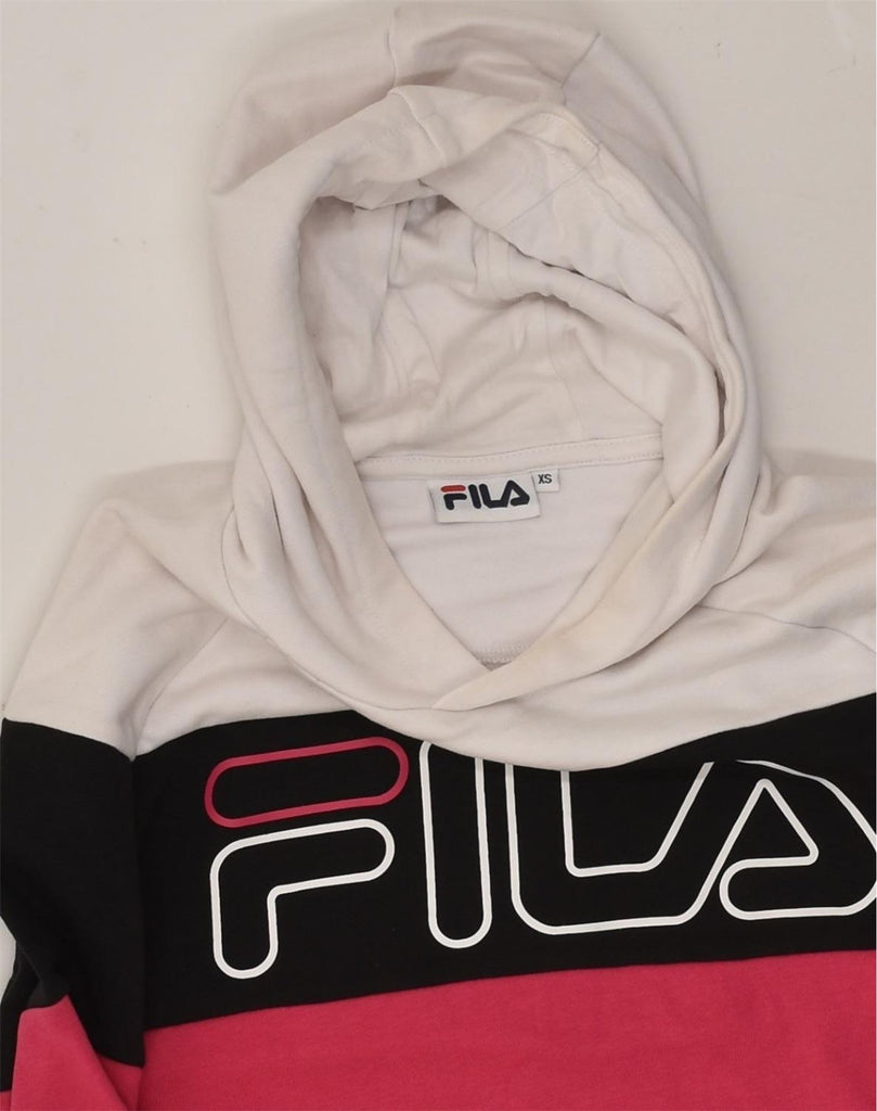 FILA Womens Crop Graphic Hoodie Jumper UK 6 XS White Colourblock Cotton | Vintage Fila | Thrift | Second-Hand Fila | Used Clothing | Messina Hembry 