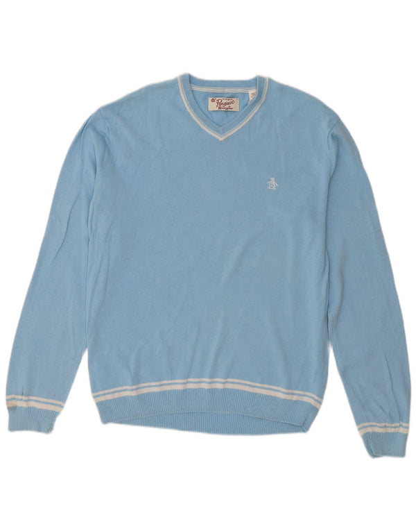 Penguin Womens V-Neck Jumper Sweater UK 16 Large Blue Cotton