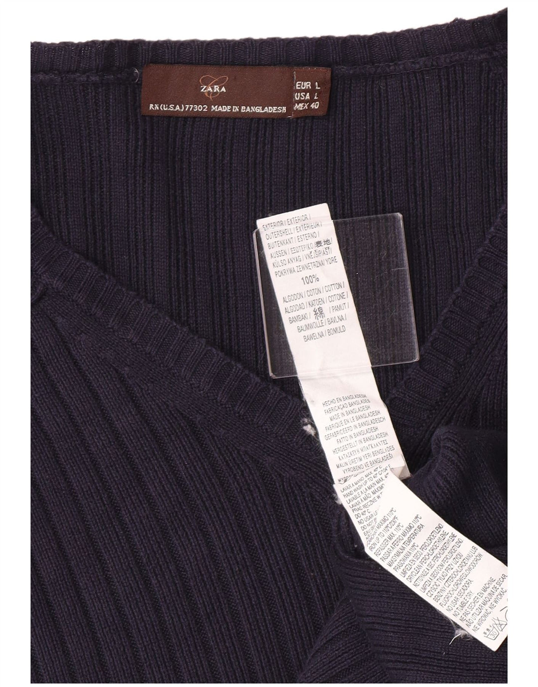 Zara Mens V-Neck Jumper Sweater Large Navy Blue Cotton