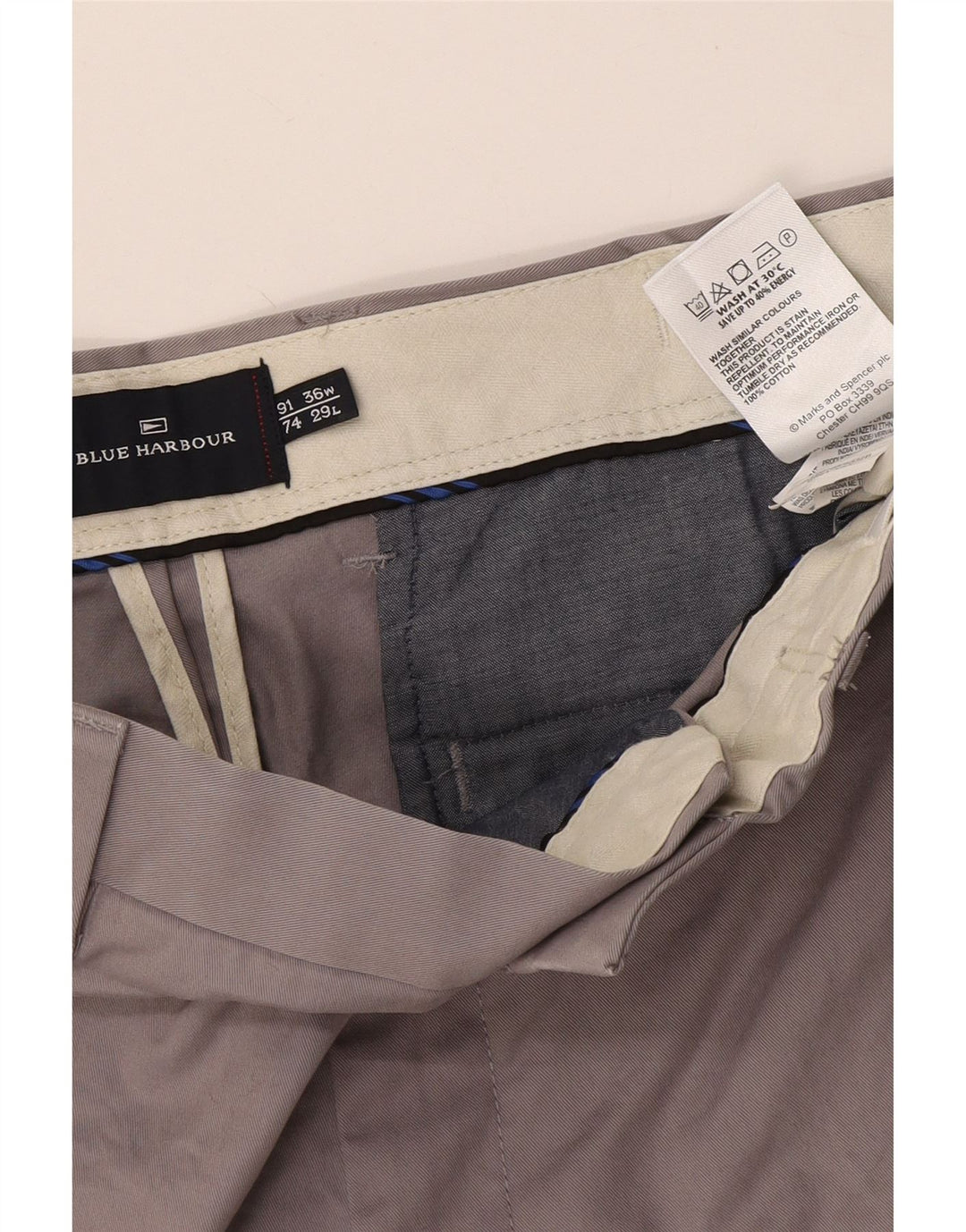 Marks & Spencer Mens Blue Harbour Straight Chino Trousers W36 L29 Grey