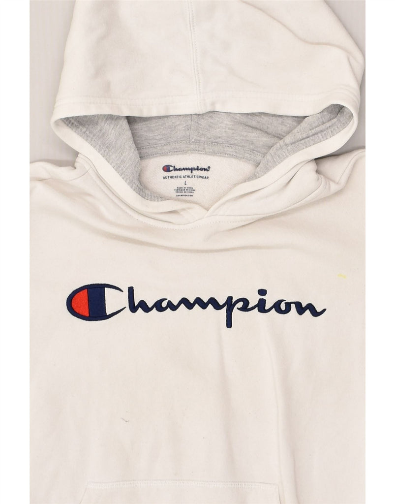 CHAMPION Womens Graphic Hoodie Jumper Large White Cotton | Vintage Champion | Thrift | Second-Hand Champion | Used Clothing | Messina Hembry 