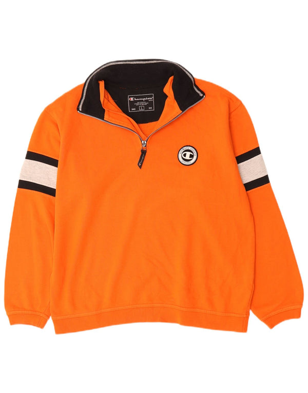 Champion Mens Zip Neck Sweatshirt Jumper Large Orange Colourblock Cotton