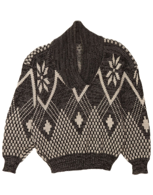 Vintage Mens Shawl Neck Jumper Sweater Medium Grey Geometric