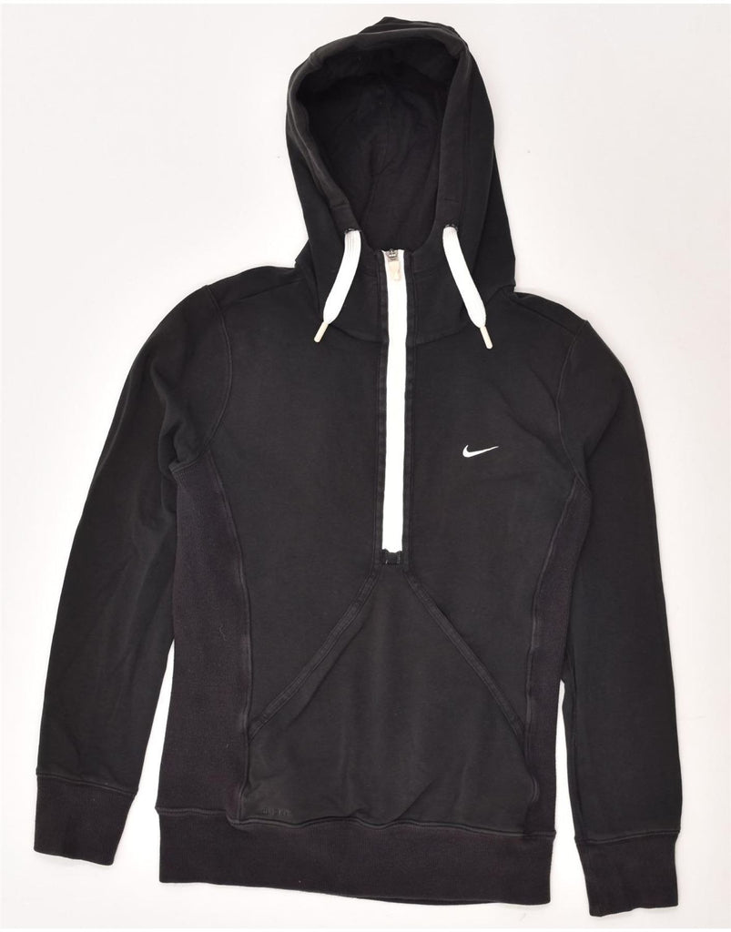 NIKE Womens Zip Neck Hoodie Jumper UK 12/14 Medium Black Cotton | Vintage Nike | Thrift | Second-Hand Nike | Used Clothing | Messina Hembry 