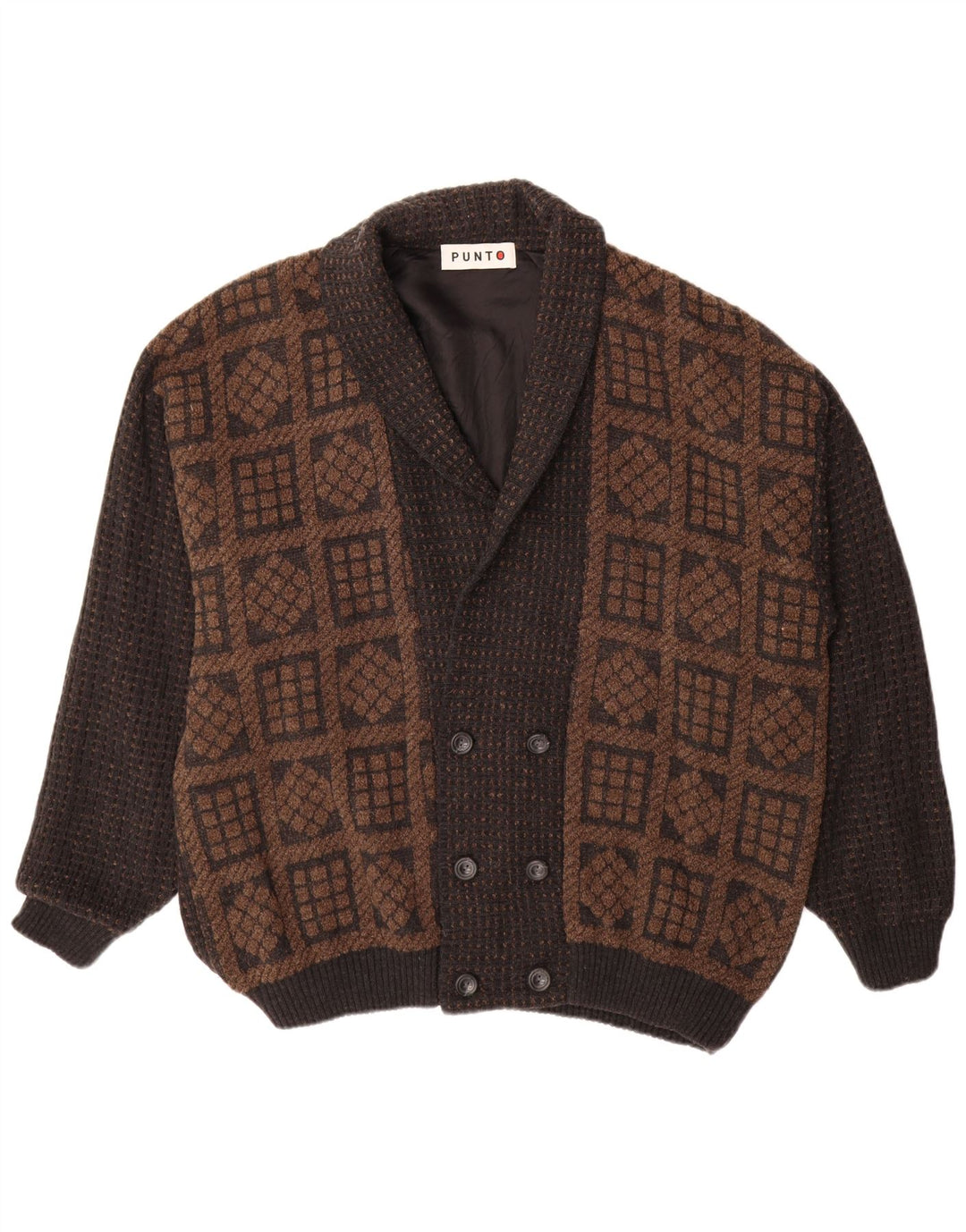 VINTAGE Mens Double Breasted Cardigan Sweater IT 56 2XL Brown Geometric