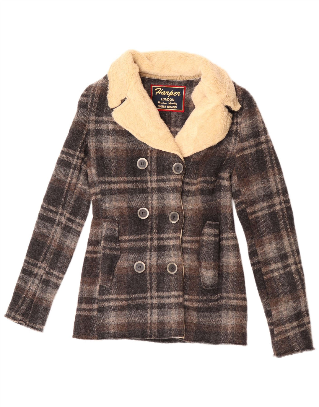 Vintage Womens Pea Coat IT 42 Medium Grey Check Wool