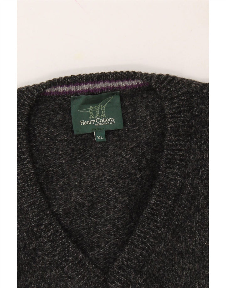 HENRY COTTONS Mens V-Neck Jumper Sweater XL Grey New Wool Vintage Henry Cottons and Second-Hand Henry Cottons from Messina Hembry 