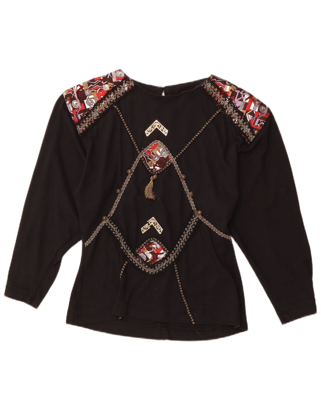 VINTAGE Womens Graphic Long Sleeve Blouse Top UK 12 Medium Black Acrylic