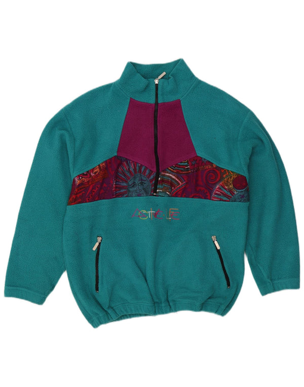 Vintage Mens Zip Neck Fleece Jumper Large Turquoise Colourblock