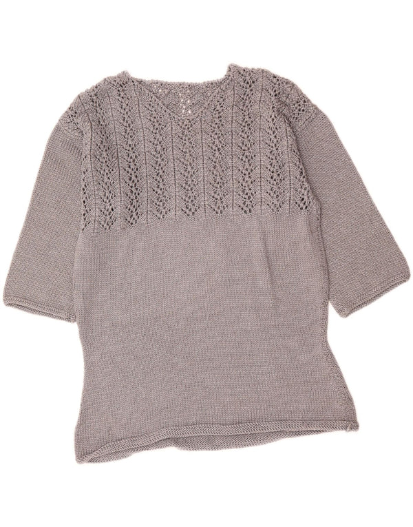 VINTAGE Womens 3/4 Sleeve Crochet V-Neck Jumper Sweater UK 14 Medium Grey