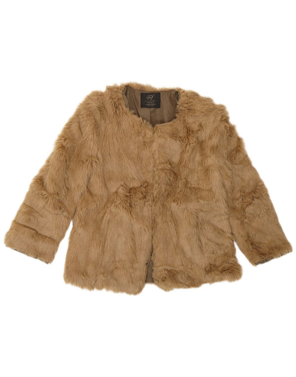 Zara Womens 3/4 Sleeve Faux Fur Jacket UK 12 Medium Brown Acrylic