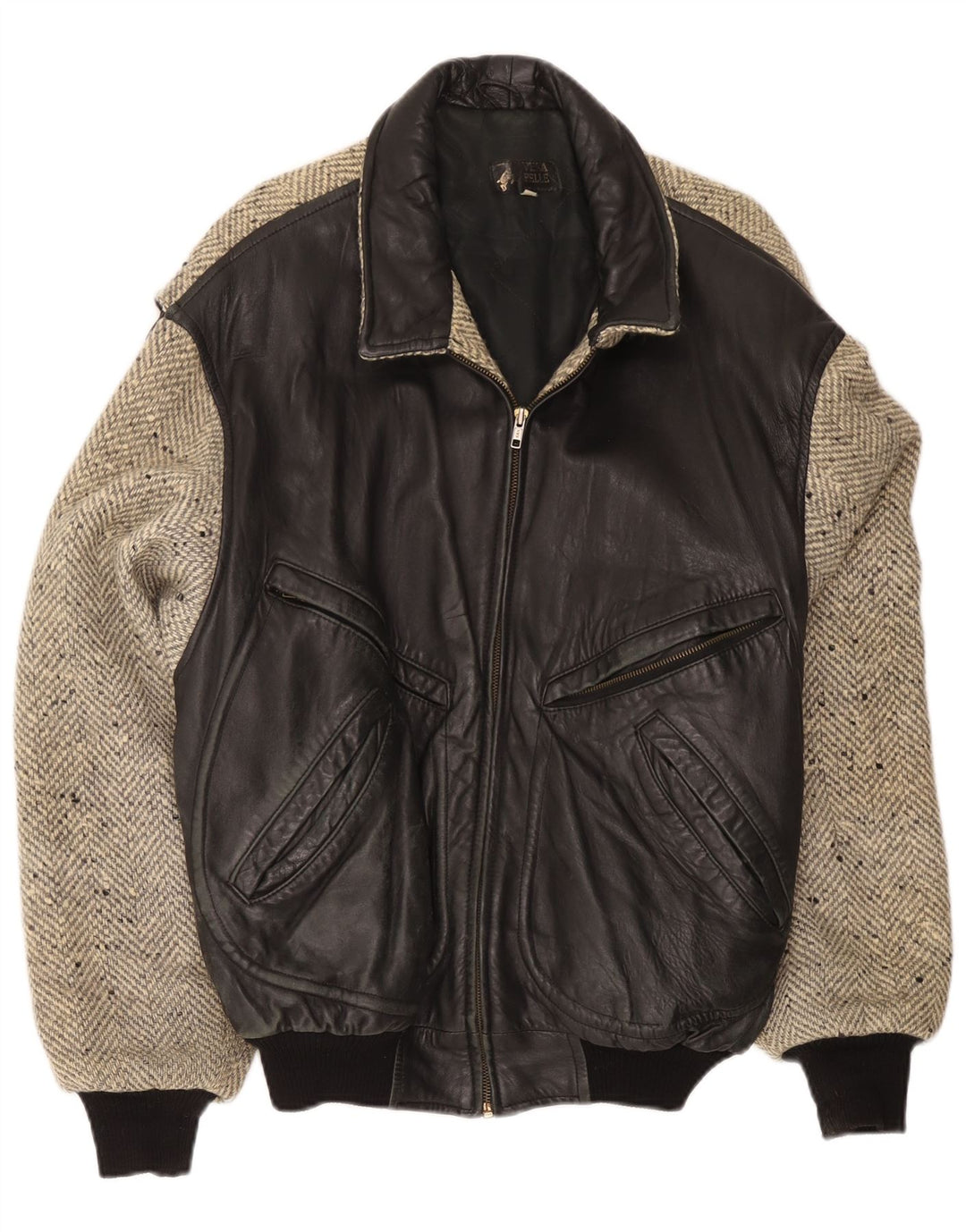 Vintage Mens Leather Jacket IT 54 XL Black Colourblock