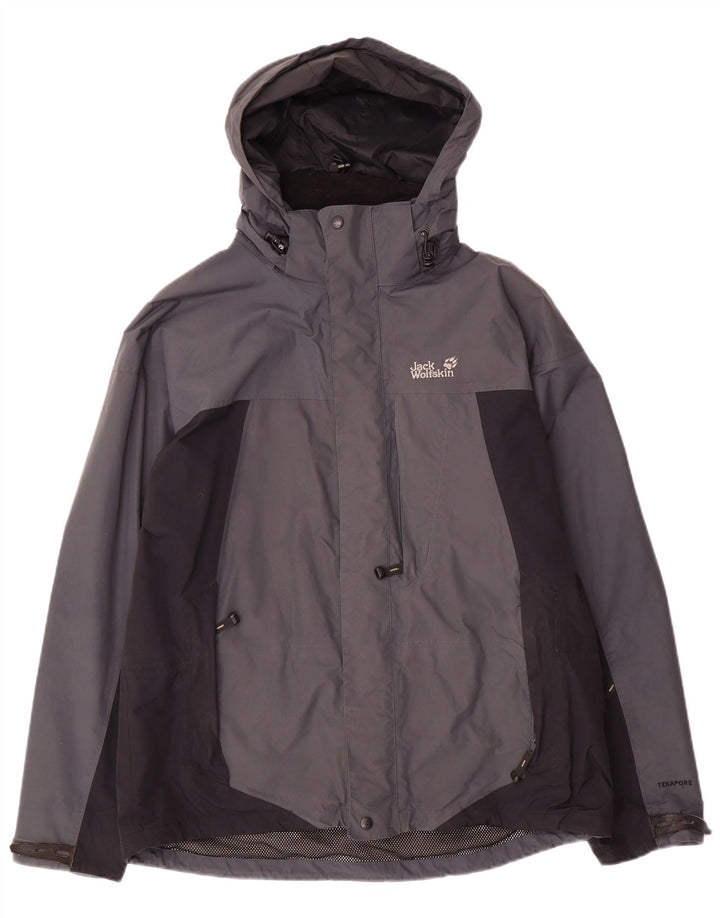 Jack Wolfskin Mens Hooded Rain Jacket UK 36/38 Medium Grey Colourblock