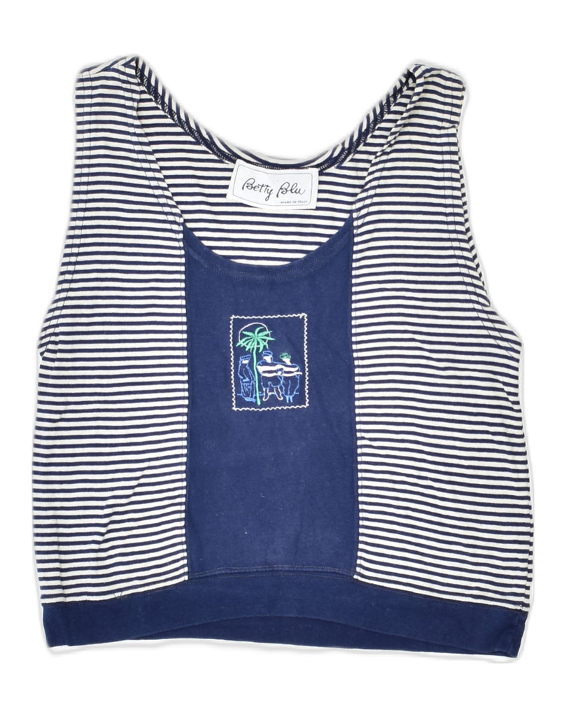 VINTAGE Womens Graphic Vest Top UK 10 Small Navy Blue Striped Nautical | Vintage Vintage | Thrift | Second-Hand Vintage | Used Clothing | Messina Hembry 