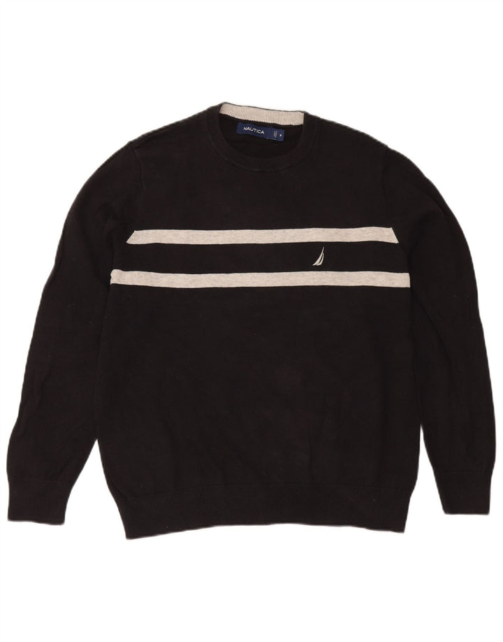 Nautica Mens Crew Neck Jumper Sweater Medium Black Striped Cotton