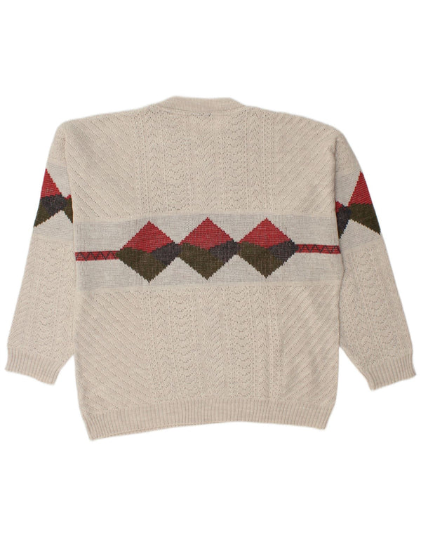 Vintage Mens Crew Neck Jumper Sweater Large Beige Argyle/Diamond Acrylic
