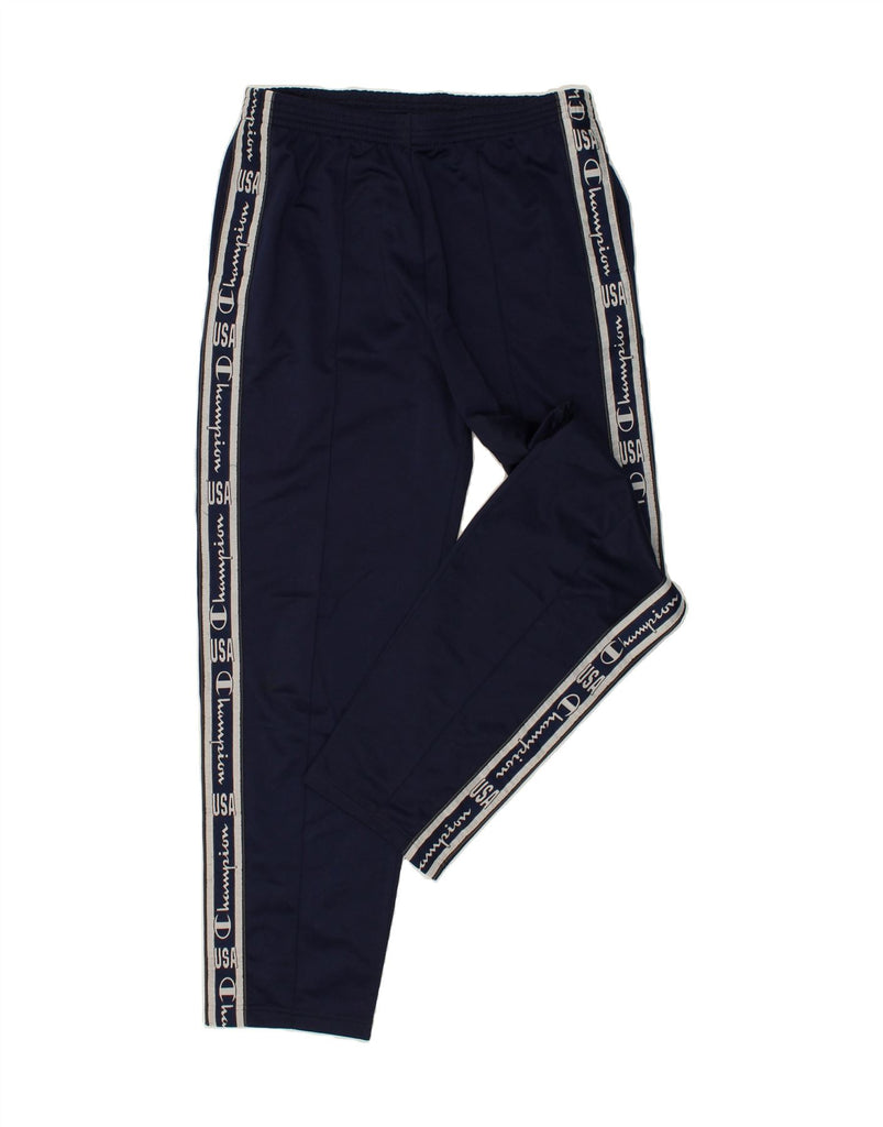 CHAMPION Mens Graphic Tracksuit Trousers Large Navy Blue Polyester | Vintage Champion | Thrift | Second-Hand Champion | Used Clothing | Messina Hembry 