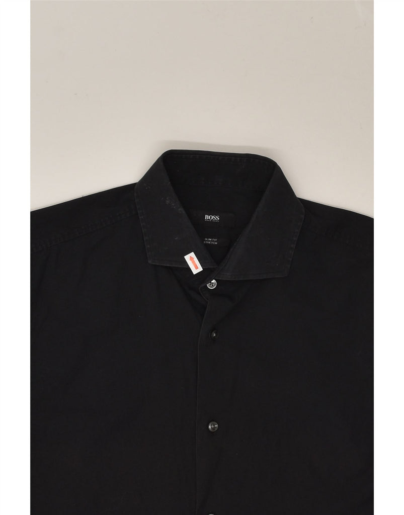 HUGO BOSS Mens Stretch Slim Fit Shirt Size 15 1/2 39 Medium Black Cotton | Vintage Hugo Boss | Thrift | Second-Hand Hugo Boss | Used Clothing | Messina Hembry 