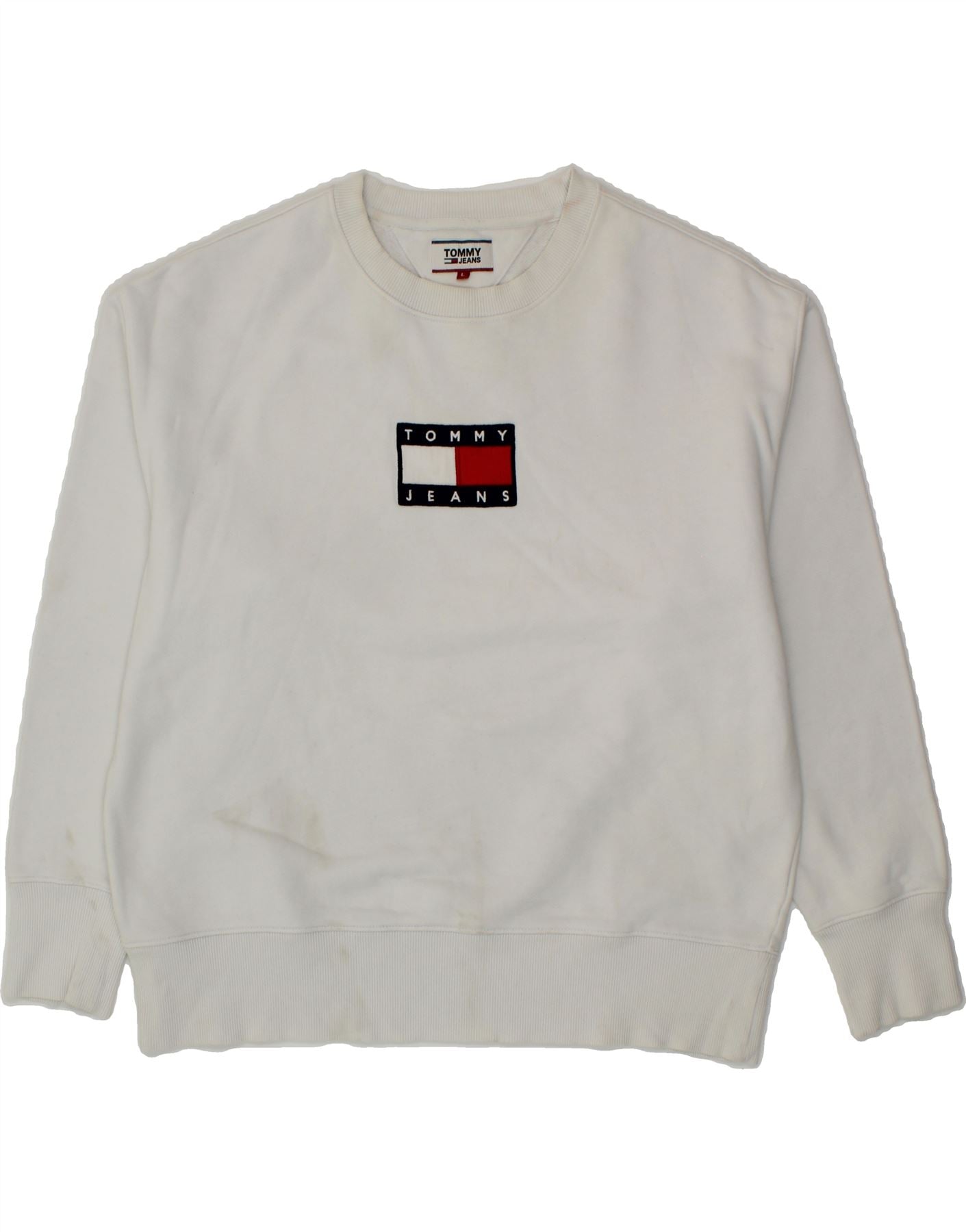 TOMMY HILFIGER Mens Graphic Sweatshirt Jumper Large White Cotton Vintage Tommy Hilfiger and Second-Hand Tommy Hilfiger from Messina Hembry 
