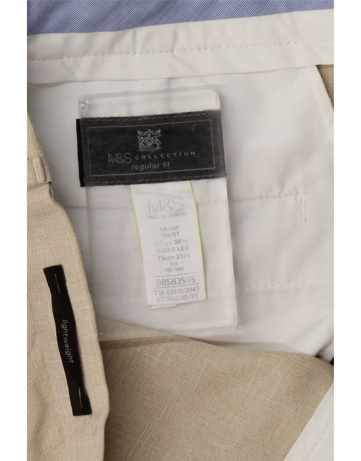 Marks & Spencer Mens Straight Regular Fit Suit Trousers W38 L31 Beige Check