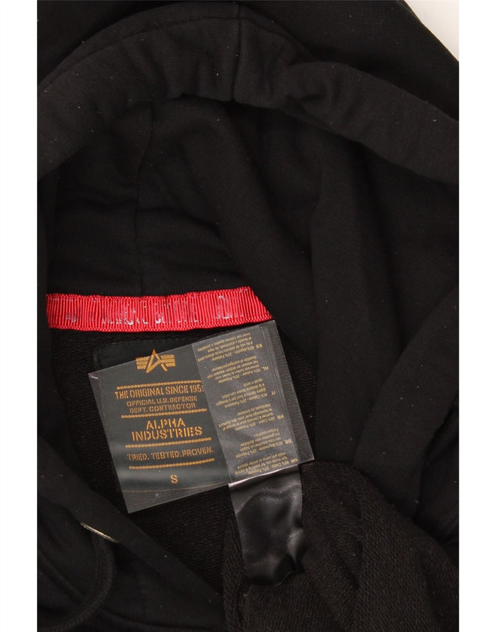 ALPHA INDUSTRIES Mens Graphic Hoodie Jumper Small Black Cotton Vintage Alpha Industries and Second-Hand Alpha Industries from Messina Hembry 